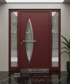 Ahsap Detayli Kompozit Camli Villa Kapisi 584 Kirmizi