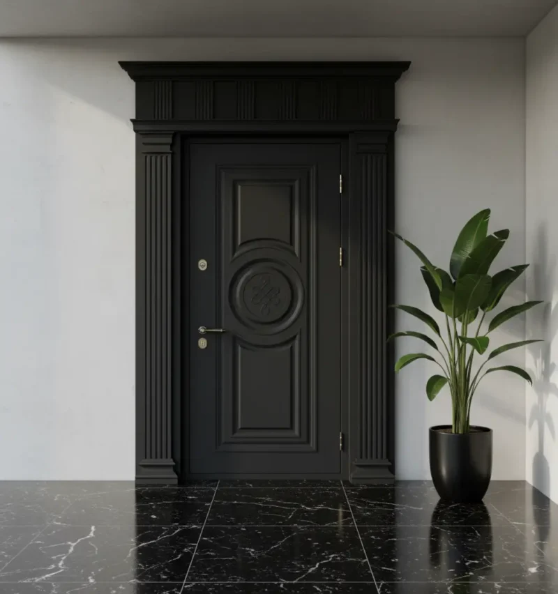 Beyaz Sutunlu Villa Kapisi Siyah