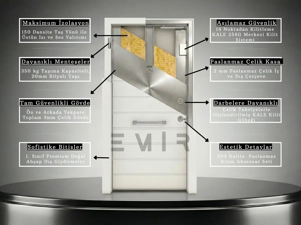 Emir Çelik Kapı iç aksam kesiti — 2 mm Ereğli A1 DKP sac, 150 kg/m³ mineral yünü dolgu, 14 nokta Kale 256G merkezi kilit ve EPDM fitil sistemi