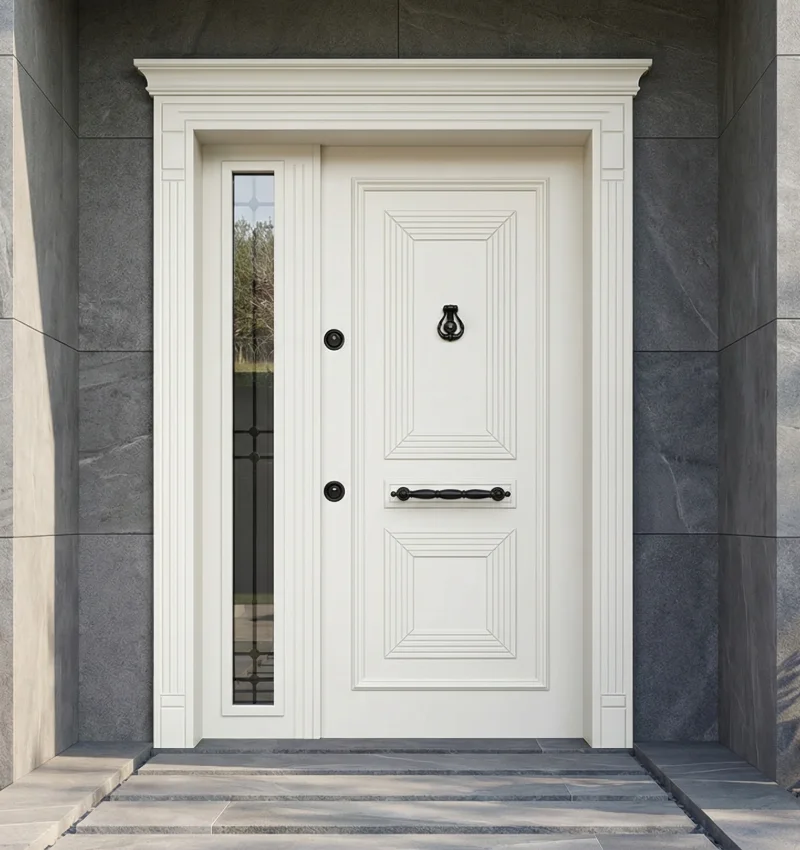 Emir Çelik Kapı SO-DEBBIE kompozit villa kapısı — EN 438-3 HPL kaplama, antrasit cam panel detay