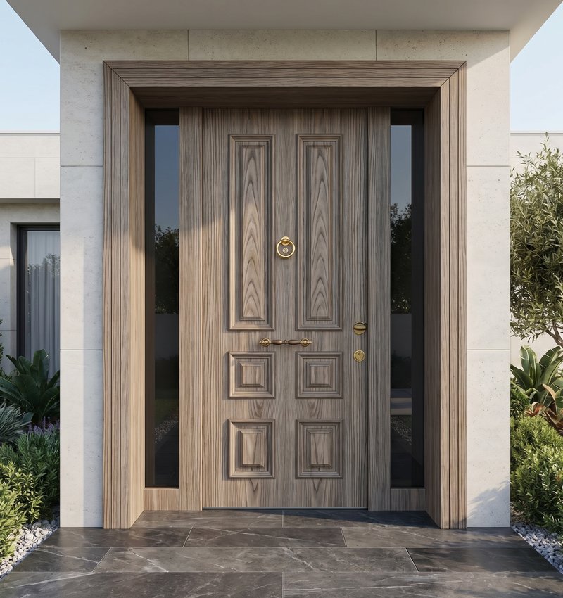 Emir Çelik Kapı TRS 2026 lake ahşap villa kapısı — 4584 doğal Iroko kaplama, klasik mimari uyumlu