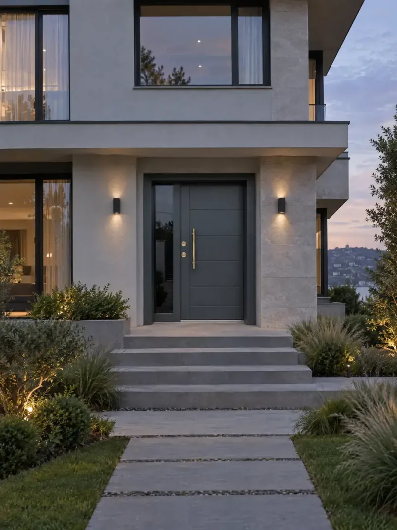 Antrasit Kompozit Villa Kapısı Dario, Villa Cephesinde Genel Görünüm Antrasit Kompozit Villa Kapısı Dario, Villa Cephesinde Genel Görünüm