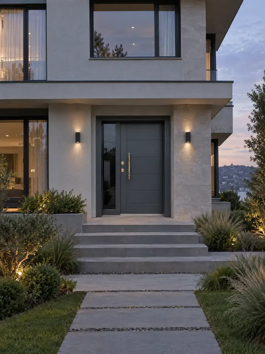 Antrasit Kompozit Villa Kapısı Dario, Villa Cephesinde Genel Görünüm Antrasit Kompozit Villa Kapısı Dario, Villa Cephesinde Genel Görünüm