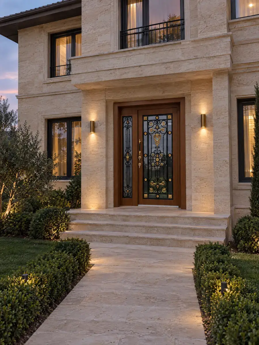 Ceviz Altın Detaylı Ferforjeli Kompakt Villa Kapısı Saskia, Villa Cephesinde Genel Görünüm Ceviz Altın Detaylı Ferforjeli Kompakt Villa Kapısı Saskia, Villa Cephesinde Genel Görünüm